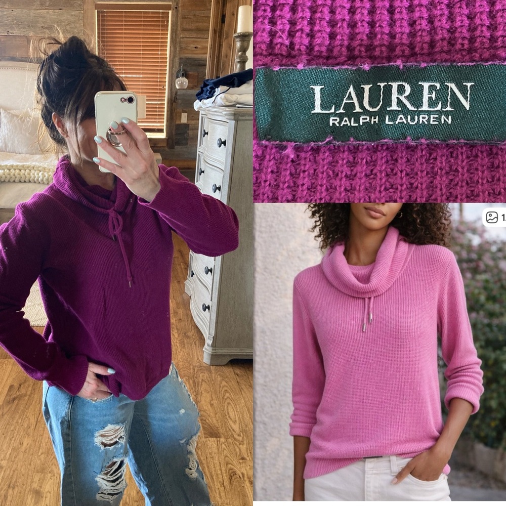 Lauren Ralph Lauren Waffle Knit Thermal Cowl Mock Neck Pullover Sweater